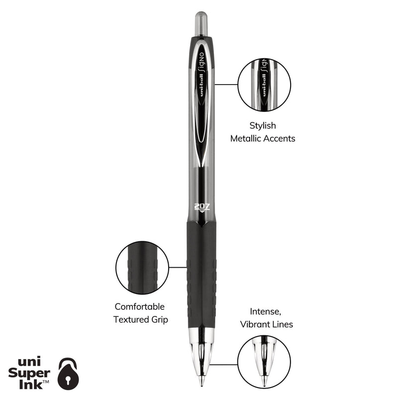 uniball Signo 207 Gel Pen, Retractable, Medium 0.7 mm, Black Ink, Smoke/Black Barrel, Dozen