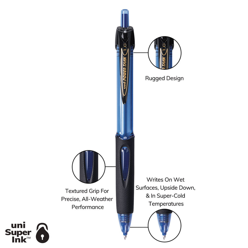 uniball Power Tank RT Ballpoint Pen, Retractable, Bold 1 mm, Blue Ink, Translucent Blue Barrel, Dozen