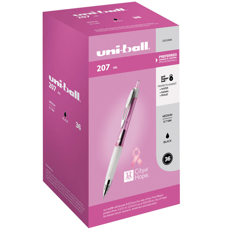 uniball 207 Office Pack Gel Pen, Retractable, Medium 0.7 mm, Black Ink, Pink Barrel, 36/Pack