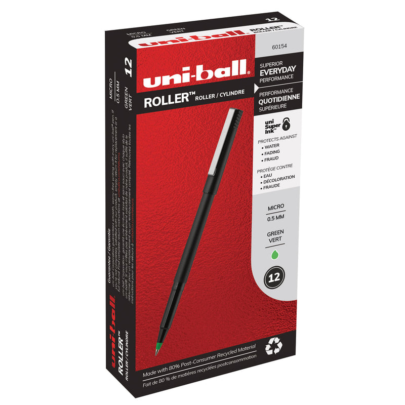 uniball Roller Ball Pen, Stick, Micro 0.5 mm, Green Ink, Black Matte Barrel, Dozen