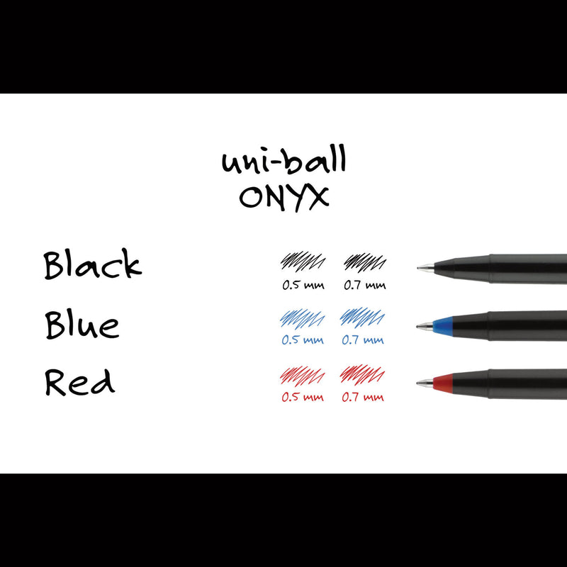 uniball ONYX Roller Ball Pen, Stick, Fine 0.7 mm, Blue Ink, Black Matte Barrel, 72/Pack
