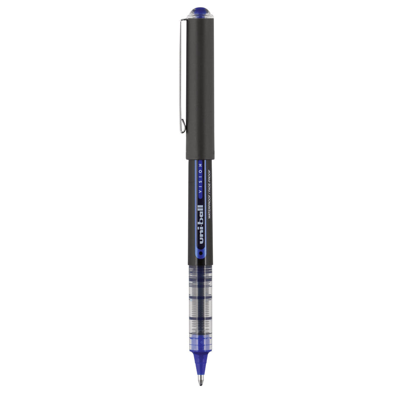 uniball VISION Roller Ball Pen, Stick, Bold 1 mm, Blue Ink, Black/Blue Barrel, Dozen