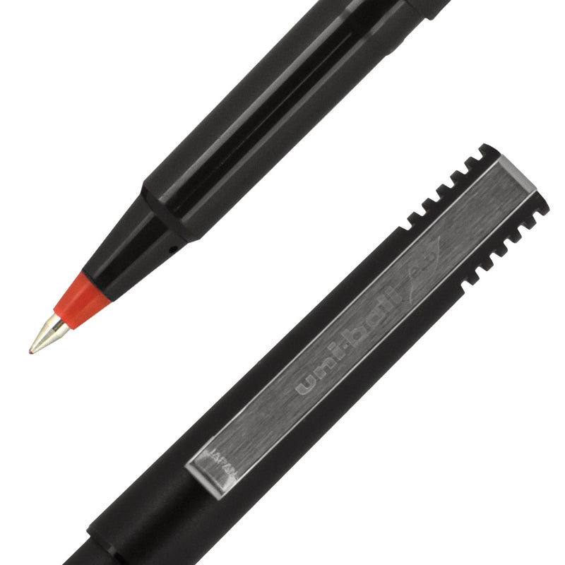 uniball Roller Ball Pen, Stick, Fine 0.7 mm, Red Ink, Black Matte Barrel, Dozen