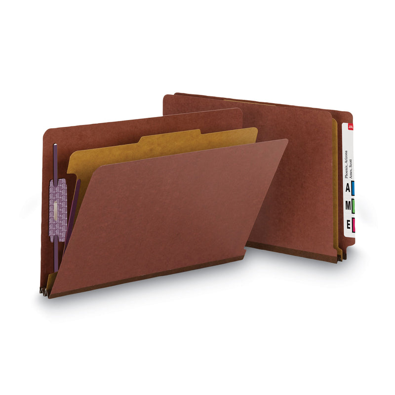 Smead End Tab Pressboard Classification Folders with SafeSHIELD Coated Fasteners, 1 Divider, Legal Size, Red, 10/Box