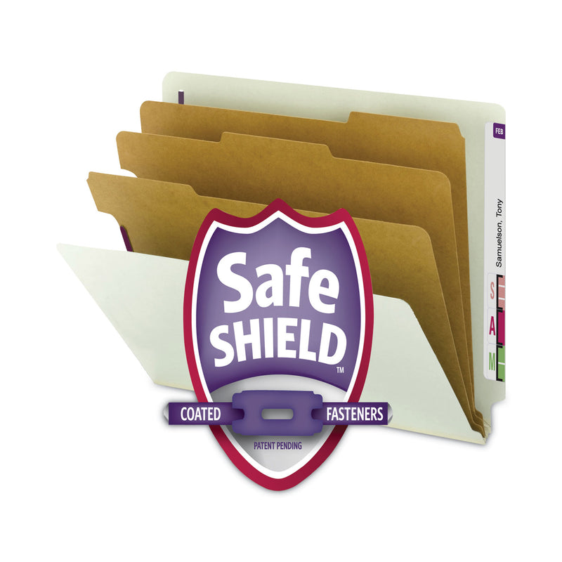 Smead End Tab Pressboard Classification Folders with SafeSHIELD Coated Fasteners, 3 Dividers, Legal Size, Gray-Green, 10/Box