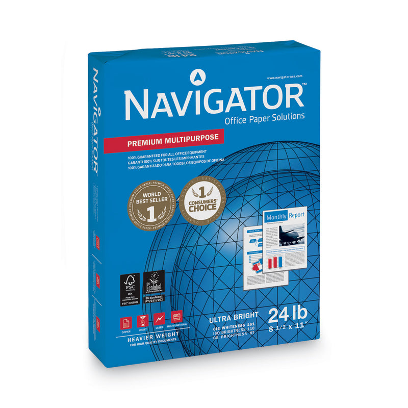 Navigator Premium Multipurpose Copy Paper, 97 Bright, 24 lb Bond Weight, 8.5 x 11, White, 500 Sheets/Ream, 10 Reams/Carton
