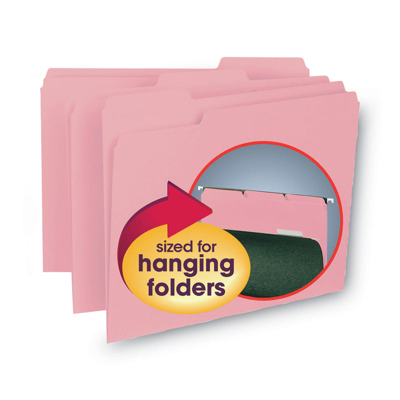 Smead Interior File Folders, 1/3-Cut Tabs: Assorted, Letter Size, 0.75" Expansion, Pink, 100/Box