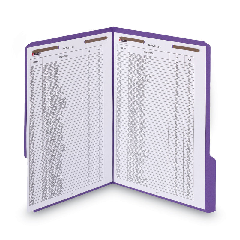 Smead WaterShed CutLess Reinforced Top Tab Fastener Folders, 2 Fasteners, Letter Size, Purple Exterior, 50/Box