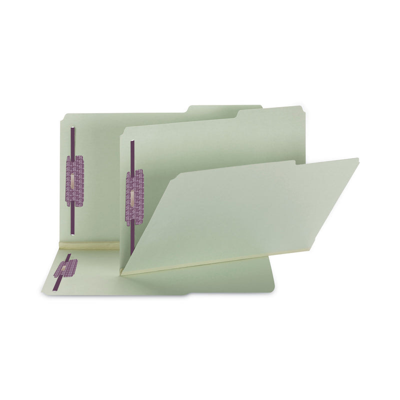 Smead Recycled Pressboard Folders with Two SafeSHIELD Coated Fasteners, 2" Expansion, 2/5-Cut: Right, Legal, Gray-Green, 25/Box