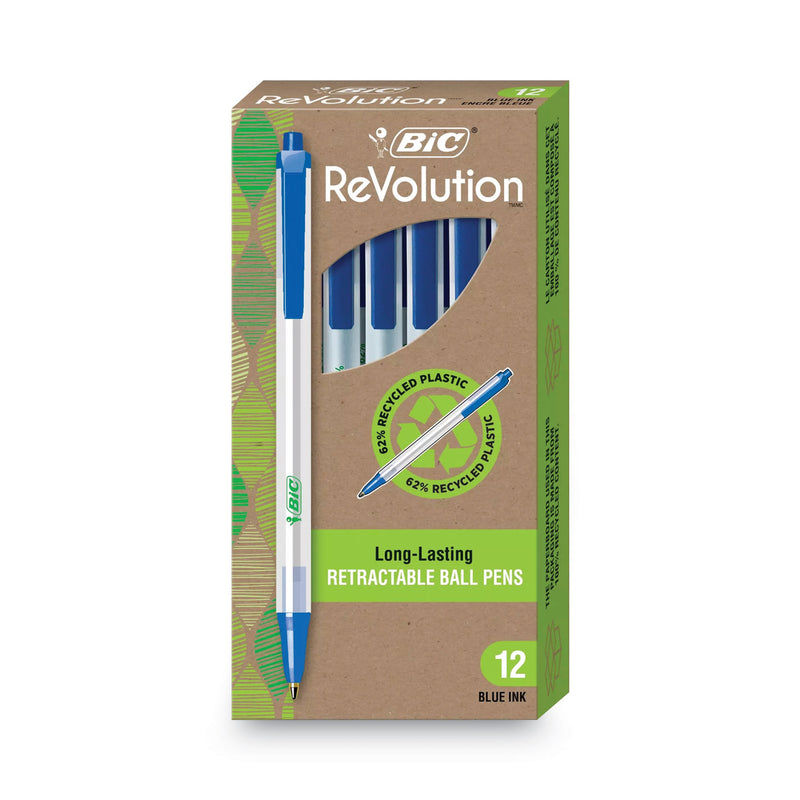 BIC Ecolutions Clic Stic Ballpoint Pen, Retractable, Medium 1 mm, Blue Ink, Clear Barrel, Dozen