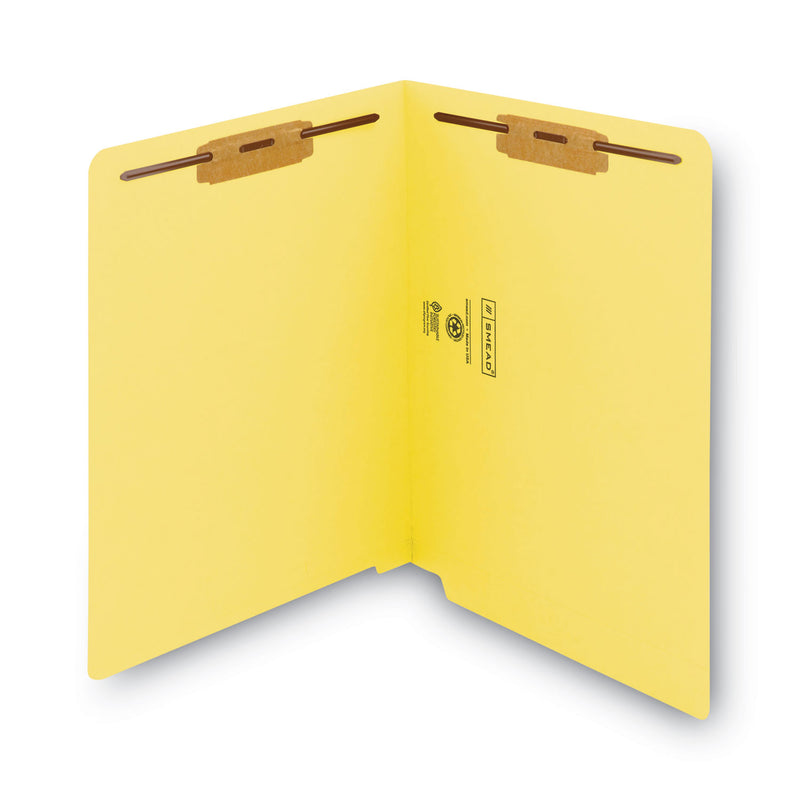 Smead WaterShed CutLess End Tab Fastener Folders, 2 Fasteners, Letter Size, Yellow Exterior, 50/Box