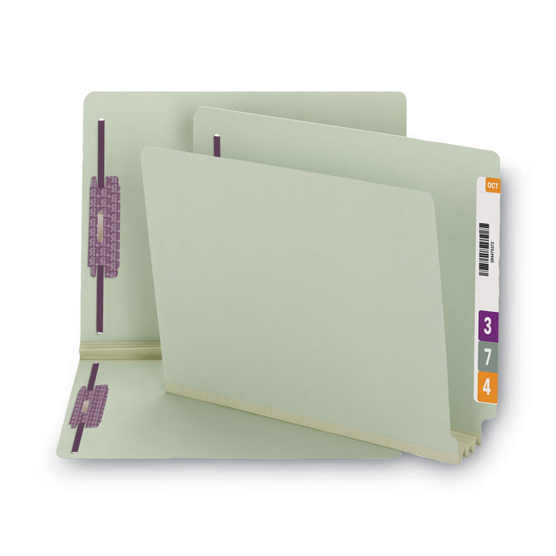 Smead End Tab Pressboard Classification Folders with Two SafeSHIELD Coated Fasteners, 3" Expansion, Letter Size, Gray-Green, 25/Box