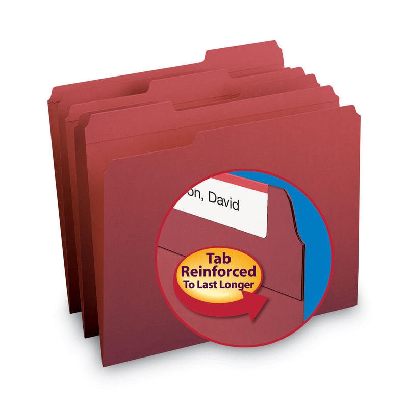 Smead Reinforced Top Tab Colored File Folders, 1/3-Cut Tabs: Assorted, Letter Size, 0.75" Expansion, Maroon, 100/Box