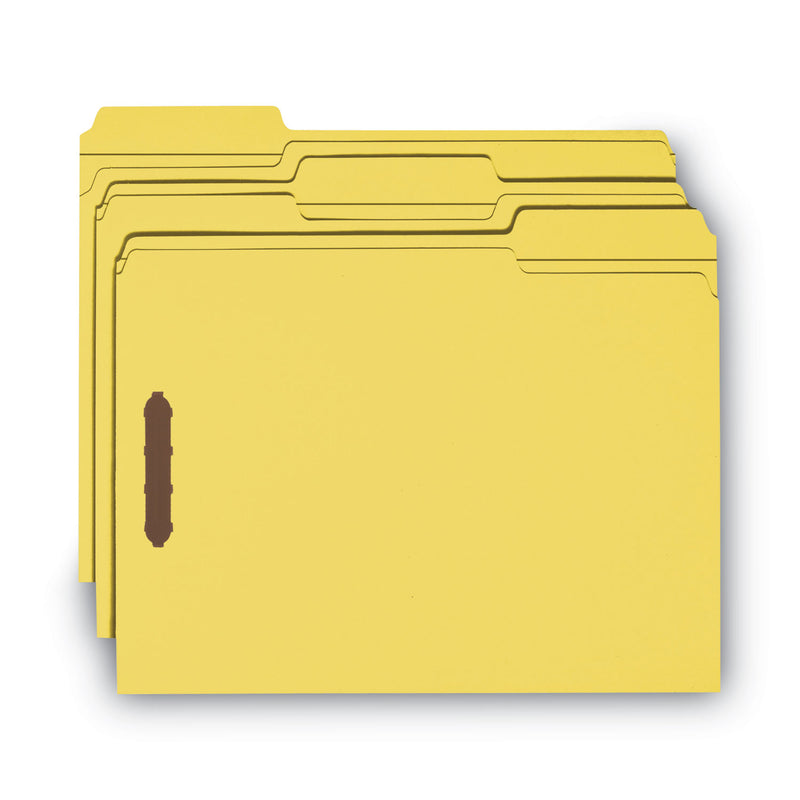 Smead WaterShed CutLess Reinforced Top Tab Fastener Folders, 2 Fasteners, Letter Size, Yellow Exterior, 50/Box