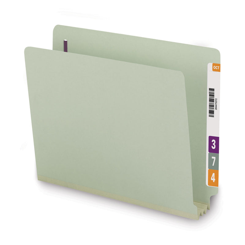 Smead End Tab Pressboard Classification Folders with Two SafeSHIELD Coated Fasteners, 3" Expansion, Letter Size, Gray-Green, 25/Box