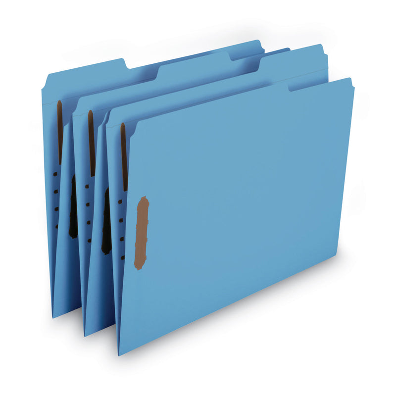 Smead WaterShed CutLess Reinforced Top Tab Fastener Folders, 2 Fasteners, Letter Size, Blue Exterior, 50/Box