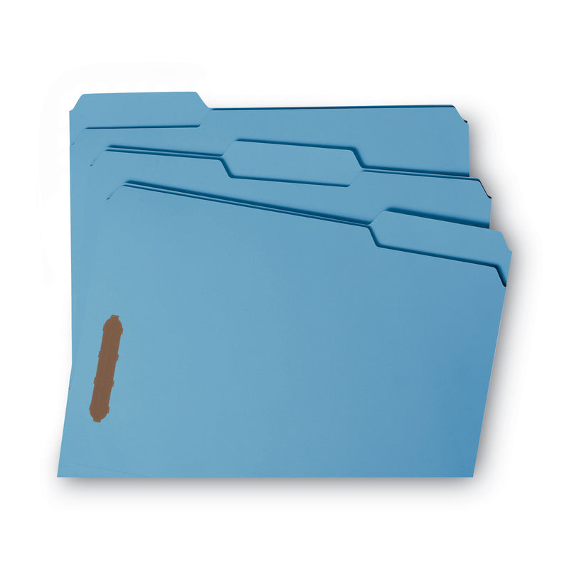 Smead WaterShed CutLess Reinforced Top Tab Fastener Folders, 2 Fasteners, Letter Size, Blue Exterior, 50/Box