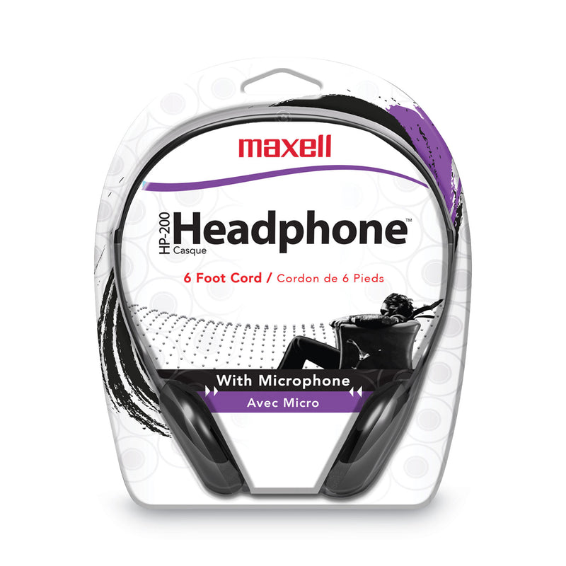 Maxell HP200 Headphone with Microphone, 6 ft Cord, Black