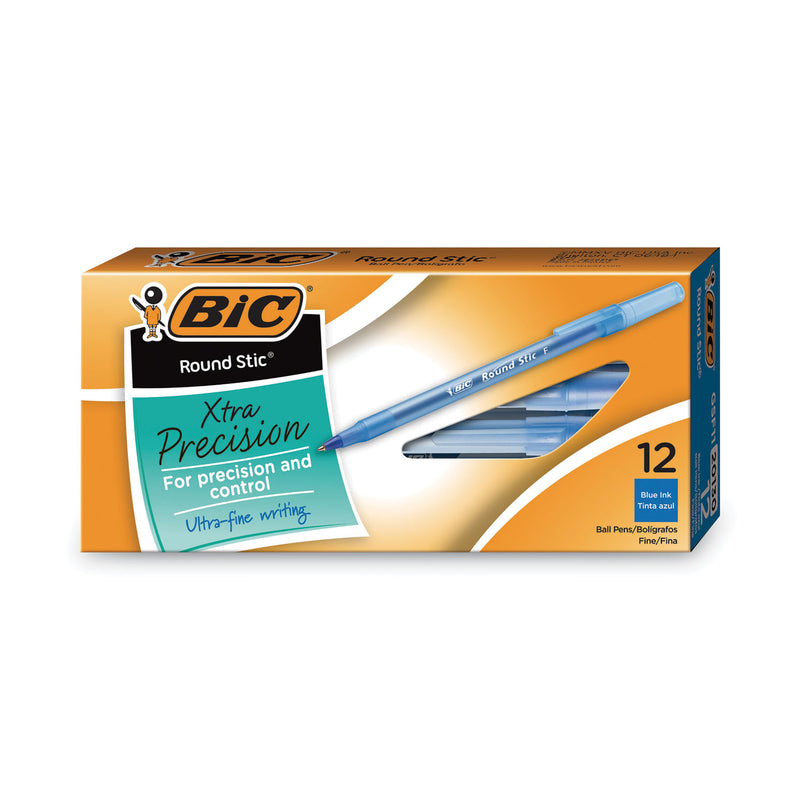 BIC Round Stic Xtra Precision Ballpoint Pen, Stick, Fine 0.8 mm, Blue Ink, Translucent Blue Barrel, Dozen