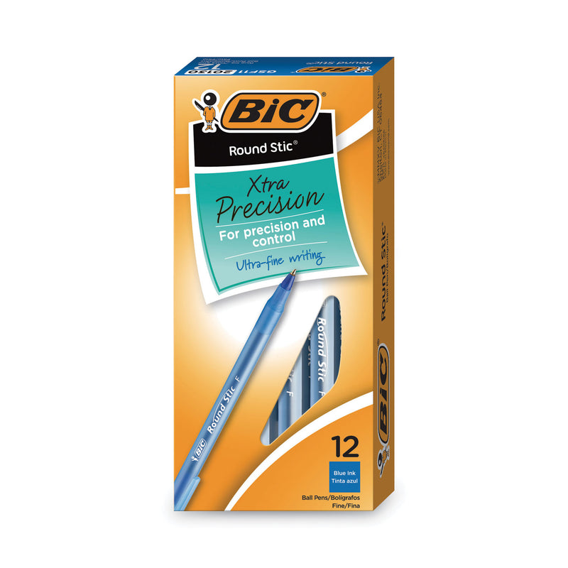 BIC Round Stic Xtra Precision Ballpoint Pen, Stick, Fine 0.8 mm, Blue Ink, Translucent Blue Barrel, Dozen