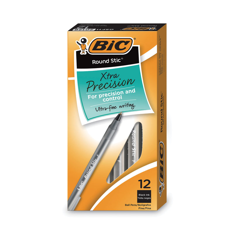 BIC Round Stic Xtra Precision Ballpoint Pen, Stick, Fine 0.8 mm, Black Ink, Smoke Barrel, Dozen