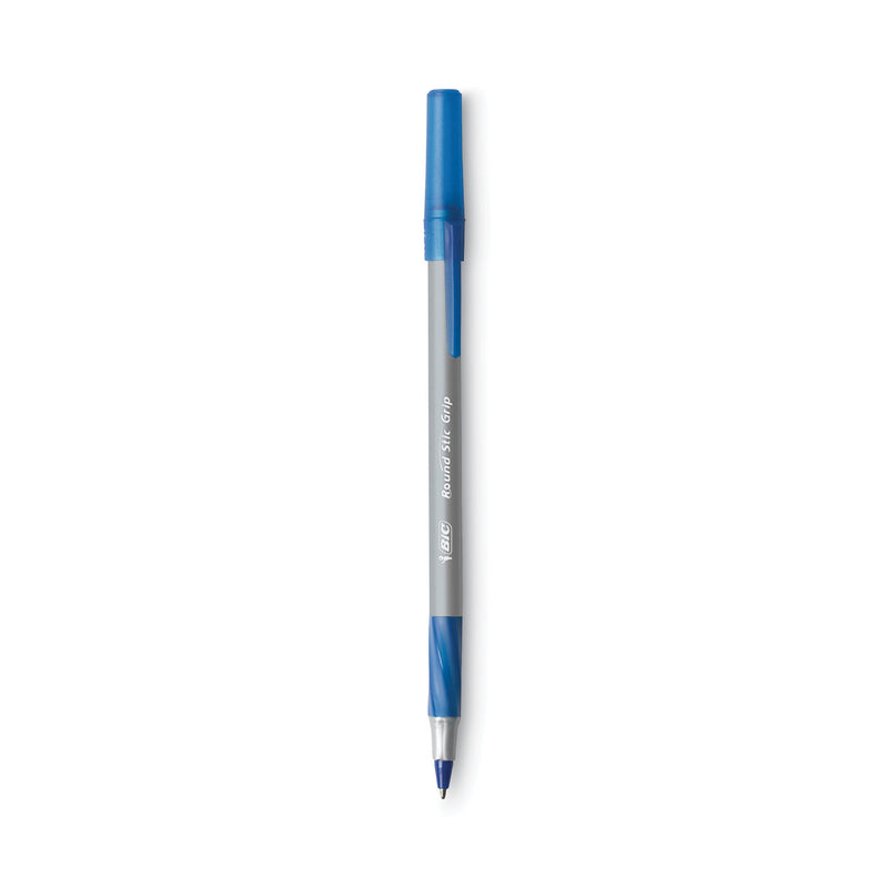 BIC Round Stic Grip Xtra Comfort Ballpoint Pen, Stick, Fine 0.8 mm, Blue Ink, Gray/Blue Barrel, Dozen