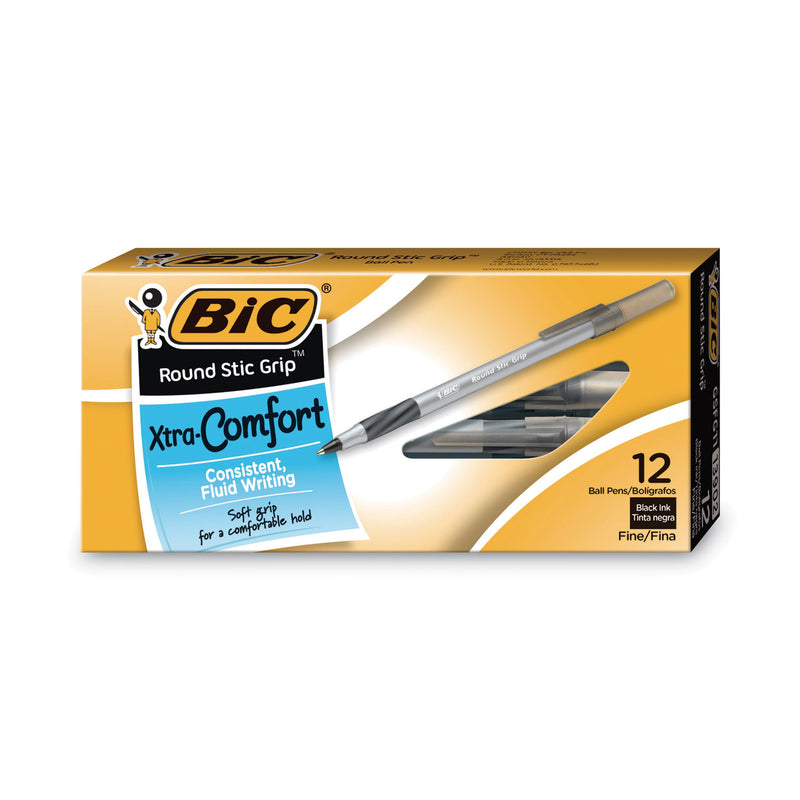BIC Round Stic Grip Xtra Comfort Ballpoint Pen, Stick, Fine 0.8 mm, Black Ink, Gray/Black Barrel, Dozen