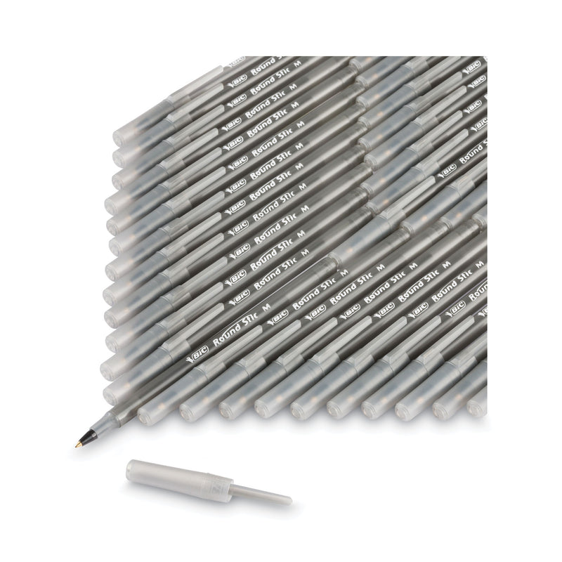 BIC Round Stic Xtra Life Ballpoint Pen, Stick, Medium 1 mm, Black Ink, Smoke Barrel, Dozen