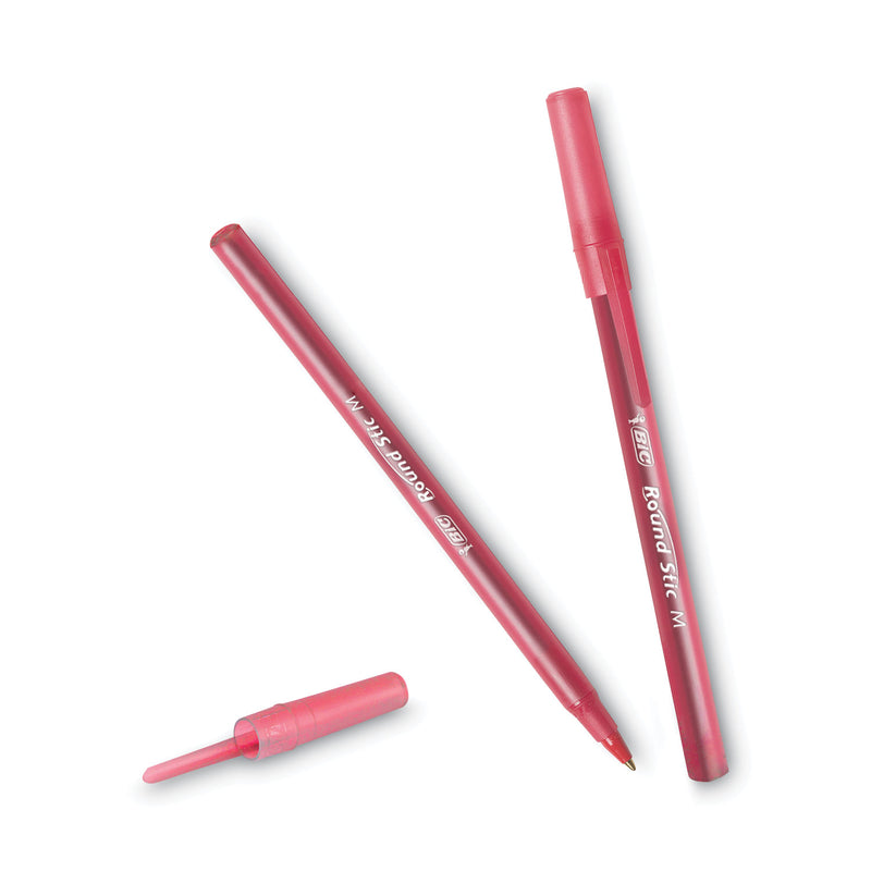 BIC Round Stic Xtra Life Ballpoint Pen, Stick, Medium 1 mm, Red Ink, Translucent Red Barrel, Dozen
