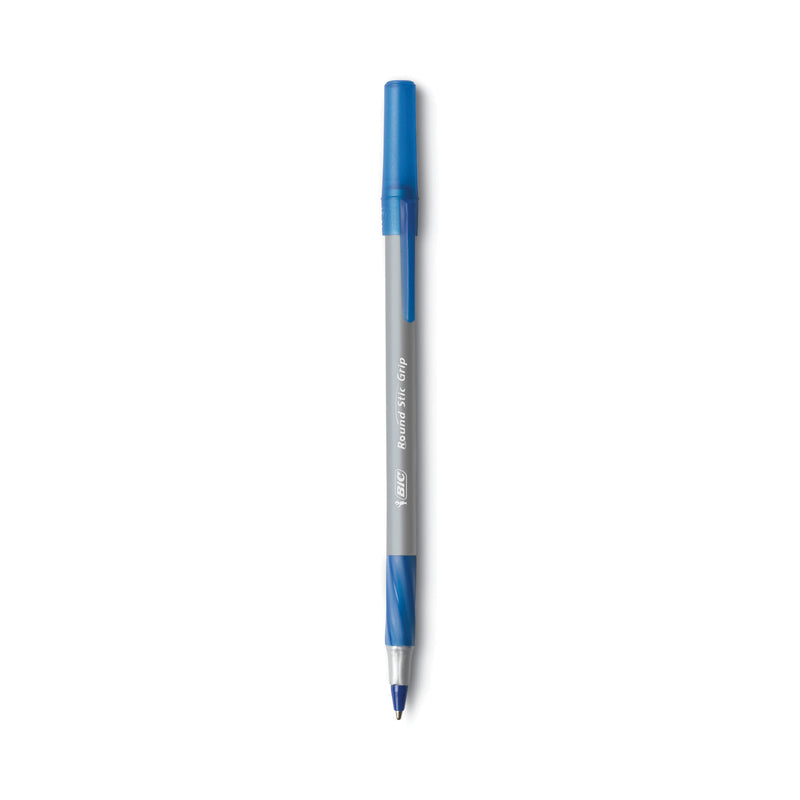 BIC Round Stic Grip Xtra Comfort Ballpoint Pen, Easy-Glide, Stick, Medium 1.2 mm, Blue Ink, Gray/Blue Barrel, Dozen