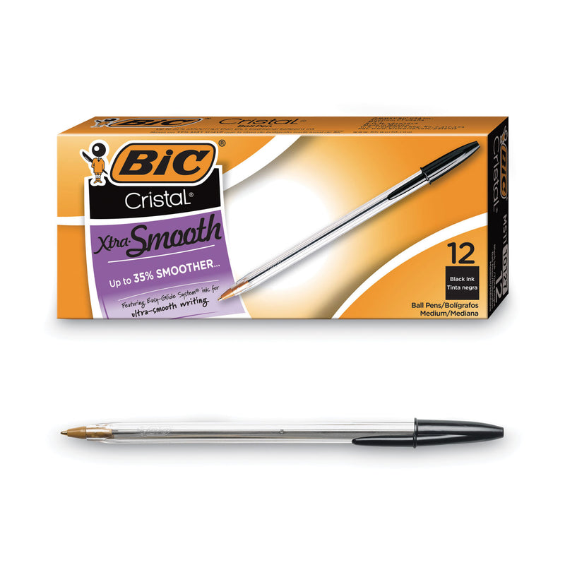 BIC Cristal Xtra Smooth Ballpoint Pen, Stick, Medium 1 mm, Black Ink, Clear Barrel, Dozen