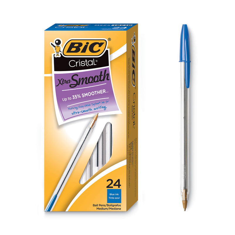 BIC Cristal Xtra Smooth Ballpoint Pen Value Pack, Stick, Medium 1 mm, Blue Ink, Clear Barrel, 24/Pack