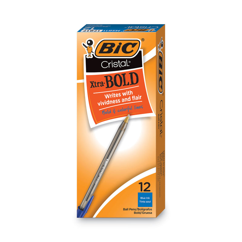 BIC Cristal Xtra Bold Ballpoint Pen, Stick, Bold 1.6 mm, Blue Ink, Clear Barrel, Dozen