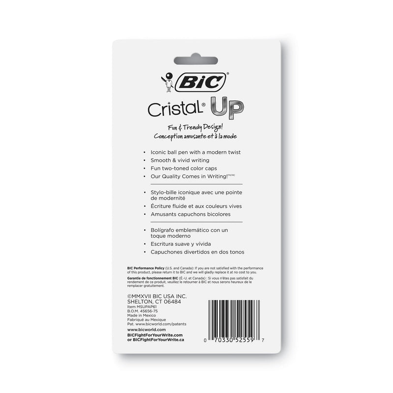 BIC Cristal Up Ballpoint Pen, Stick, Medium 1.2 mm, Assorted Ink Colors, White Barrel, 6/Pack