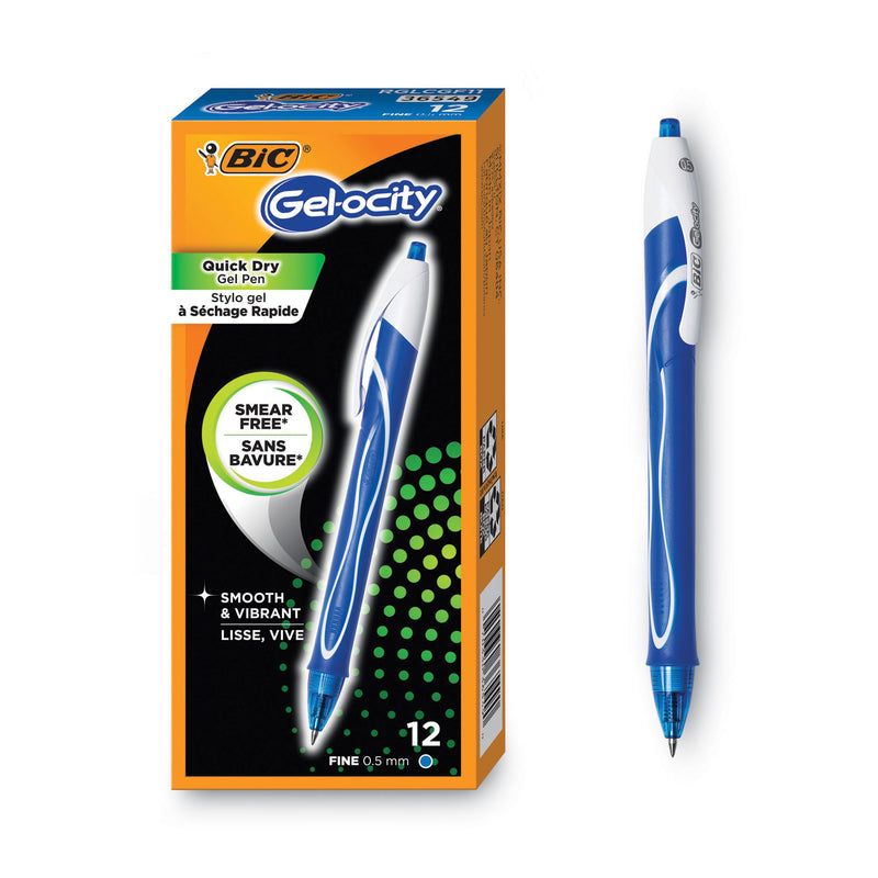 BIC Gel-ocity Quick Dry Gel Pen, Retractable, Fine 0.5 mm, Blue Ink, Blue Barrel, Dozen