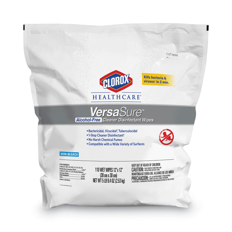 Clorox VersaSure Cleaner Disinfectant Wipes, 1-Ply, 12 x 12, White, 110/Pouch, 2/Carton