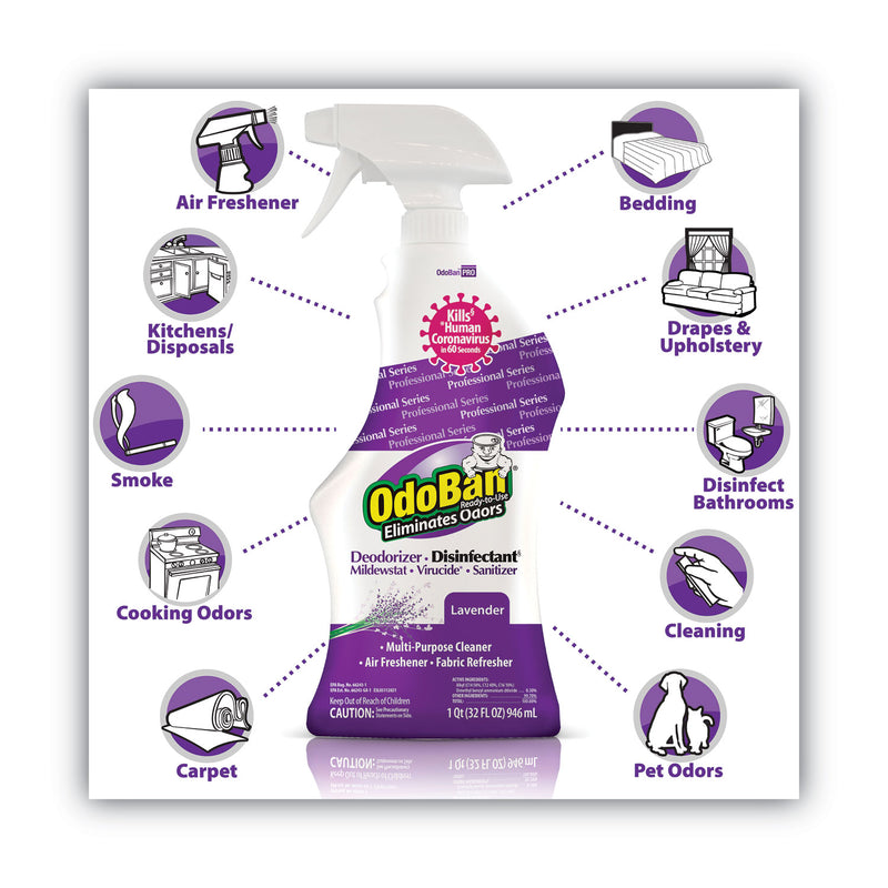 OdoBan RTU Odor Eliminator and Disinfectant, Lavender, 32 oz Spray Bottle, 12/Carton
