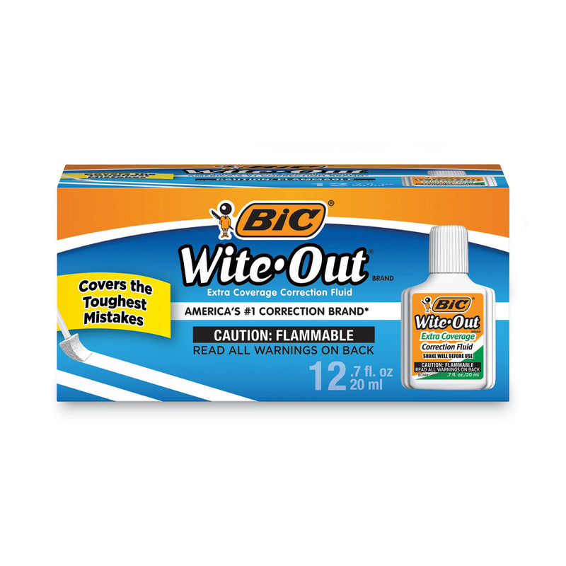 BIC Wite-Out Extra Coverage Correction Fluid, 20 mL Bottle, White, Dozen