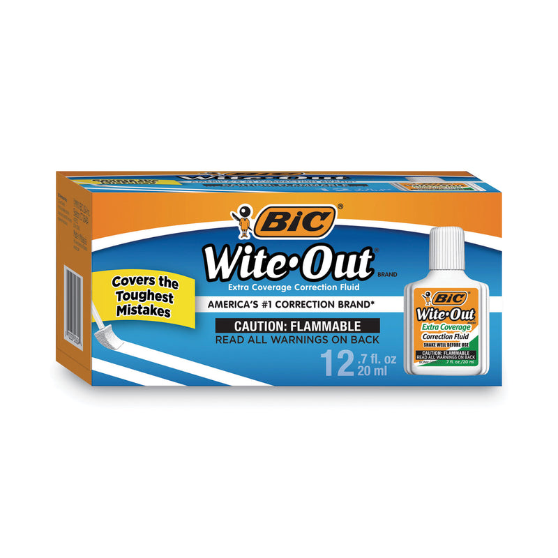BIC Wite-Out Extra Coverage Correction Fluid, 20 mL Bottle, White, Dozen