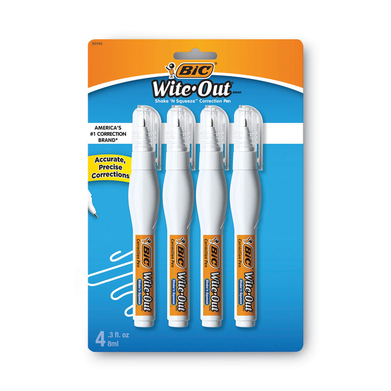 BIC Wite-Out Shake 'n Squeeze Correction Pen, 8 mL, White, 4/Pack