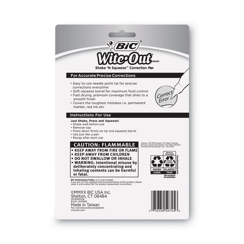 BIC Wite-Out Shake 'n Squeeze Correction Pen, 8 mL, White, 4/Pack