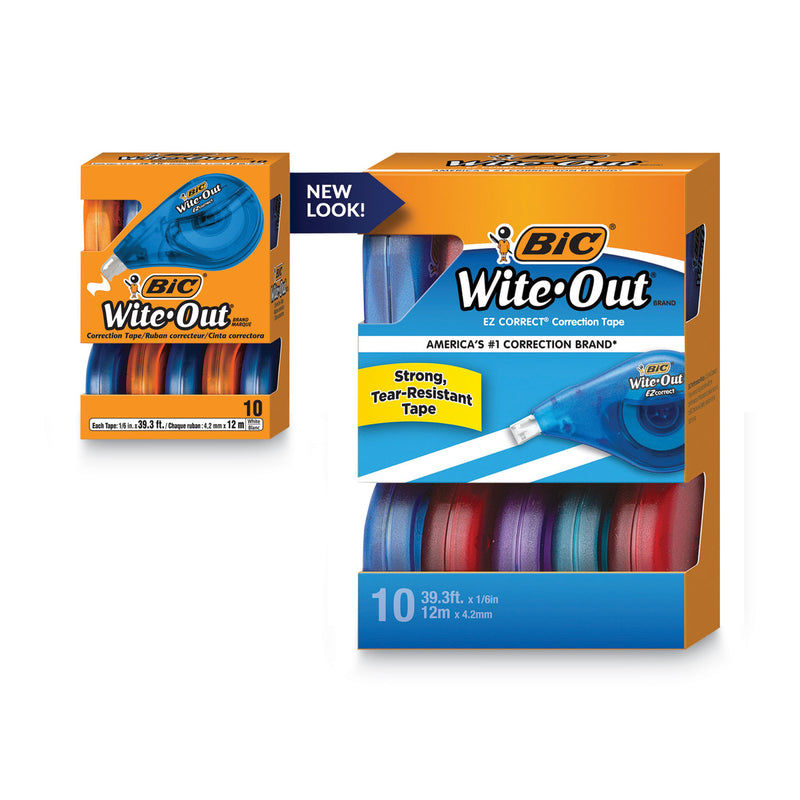 BIC Wite-Out EZ Correct Correction Tape Value Pack, Non-Refillable, Blue/Orange Applicators, 0.17" x 472", 10/Box