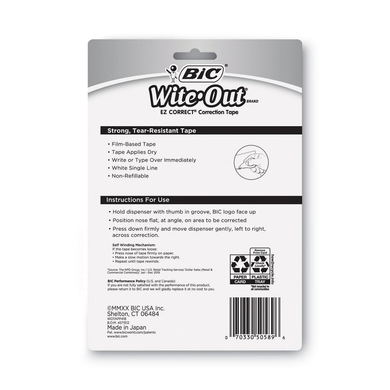 BIC Wite-Out EZ Correct Correction Tape, Non-Refillable, Blue/Yellow Applicators, 0.17" x 400", 4/Pack