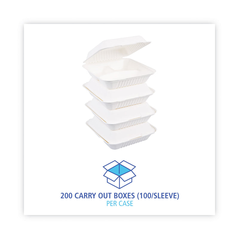 Boardwalk Bagasse Food Containers, Hinged-Lid, 3-Compartment 9 x 9 x 3.19, White, Sugarcane, 100/Sleeve, 2 Sleeves/Carton