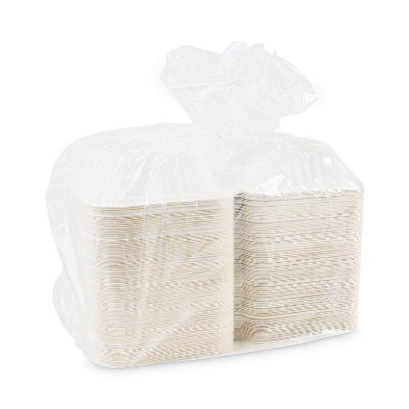 Boardwalk Bagasse Food Containers, Hinged-Lid, 1-Compartment 6 x 6 x 3.19, White, Sugarcane, 125/Sleeve, 4 Sleeves/Carton