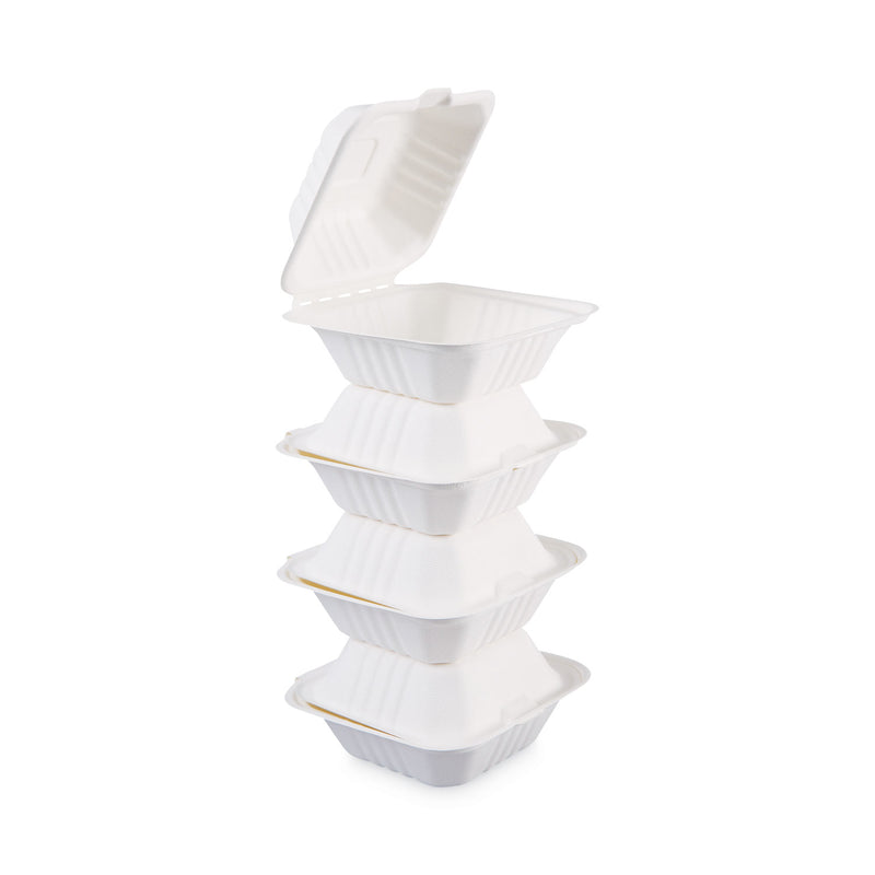 Boardwalk Bagasse Food Containers, Hinged-Lid, 1-Compartment 6 x 6 x 3.19, White, Sugarcane, 125/Sleeve, 4 Sleeves/Carton