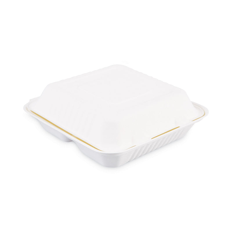Boardwalk Bagasse Food Containers, Hinged-Lid, 3-Compartment 9 x 9 x 3.19, White, Sugarcane, 100/Sleeve, 2 Sleeves/Carton