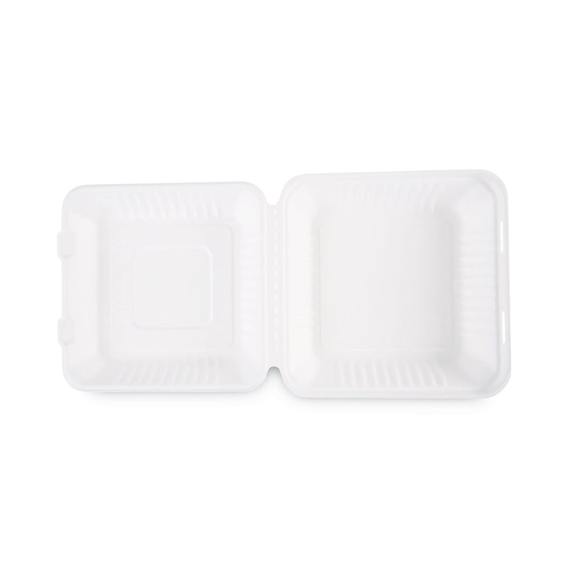 Boardwalk Bagasse Food Containers, Hinged-Lid, 1-Compartment 9 x 9 x 3.19, White,  Sugarcane, 100/Sleeve, 2 Sleeves/Carton