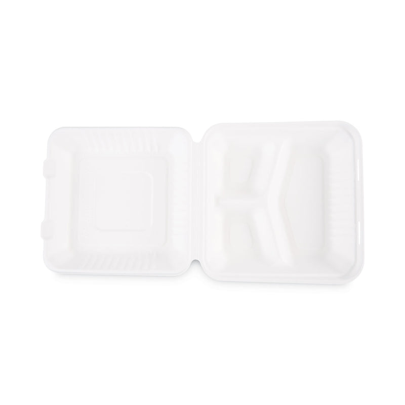 Boardwalk Bagasse Food Containers, Hinged-Lid, 3-Compartment 9 x 9 x 3.19, White, Sugarcane, 100/Sleeve, 2 Sleeves/Carton