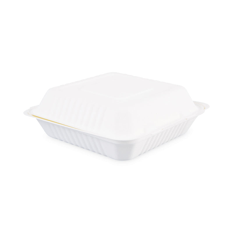 Boardwalk Bagasse Food Containers, Hinged-Lid, 1-Compartment 9 x 9 x 3.19, White,  Sugarcane, 100/Sleeve, 2 Sleeves/Carton